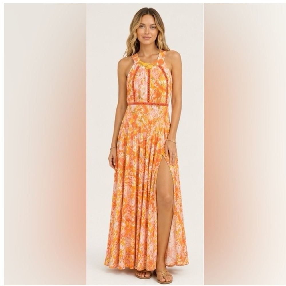 Abel The Label Anthropologie Orange Beachy Floral Halter Neck Maxi Dress Size L